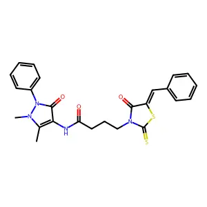 4-(5-Benzylidene-4-oxo-2-thioxo-thiazolidin-3-yl)-N-(1,5-dimethyl-3-oxo-2-phenyl structure