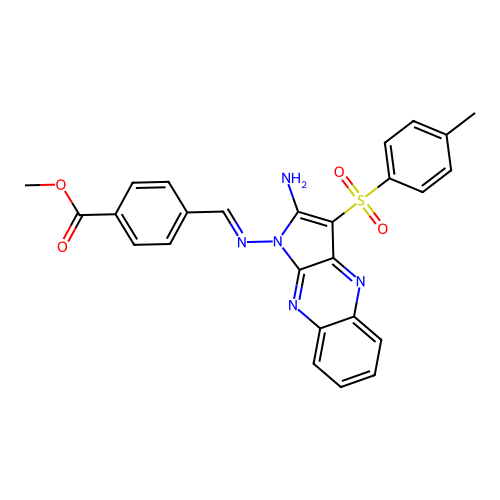 (E)-methyl 4-(((2-amino-3-tosyl-1H-pyrrolo[2,3-b]quinoxalin-1-yl)imino)methyl)benzoate structure