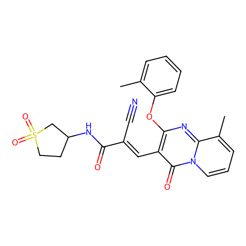 (2E)-2-cyano-N-(1,1-dioxidotetrahydrothiophen-3-yl)-3-[9-methyl-2-(2-methylphenoxy)-4-oxo-4H-pyrido[1,2-a]pyrimidin-3-yl]prop-2-enamide structure