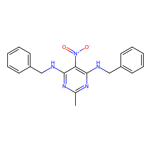 N,N'-dibenzyl-2-methyl-5-nitropyrimidine-4,6-diamine structure