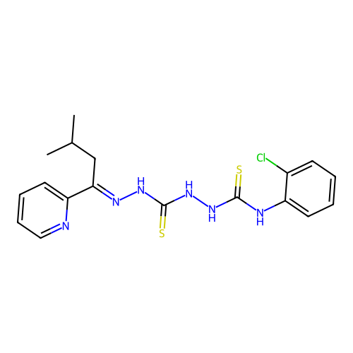 Carbonothioic dihydrazide, N''-(((2-chlorophenyl)amino)thioxomethyl)-N'''-((1E)-3-methyl-1-(2-pyridinyl)butylidene)- structure