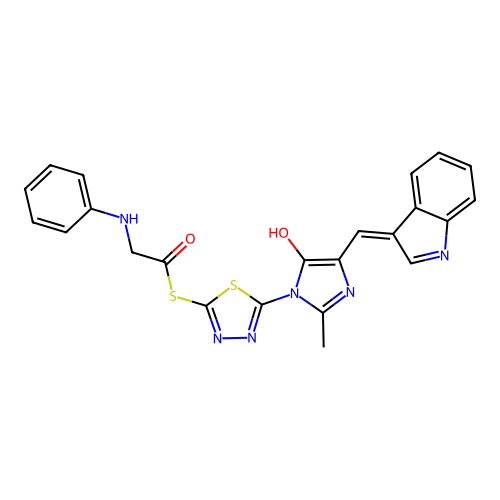 Ethanethioic acid,2-(phenylamino)-,S-[5-[4,5-dihydro-4-(1H-indol-3-ylmethylene)-2-methyl-5-oxo-1H-imidazol-1-yl]-1,3,4-thiadiazol-2-yl]ester structure