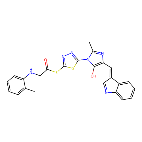Ethanethioic acid,2-[(2-methylphenyl)amino]-,S-[5-[4,5-dihydro-4-(1H-indol-3-ylmethylene)-2-methyl-5-oxo-1H-imidazol-1-yl]-1,3,4-thiadiazol-2-yl]ester structure