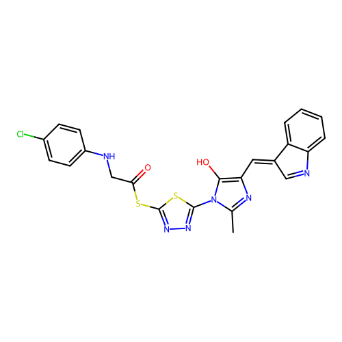Ethanethioic acid,2-[(4-chlorophenyl)amino]-,S-[5-[4,5-dihydro-4-(1H-indol-3-ylmethylene)-2-methyl-5-oxo-1H-imidazol-1-yl]-1,3,4-thiadiazol-2-yl]ester structure