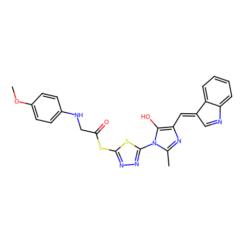 Ethanethioic acid,2-[(4-methoxyphenyl)amino]-,S-[5-[4,5-dihydro-4-(1H-indol-3-ylmethylene)-2-methyl-5-oxo-1H-imidazol-1-yl]-1,3,4-thiadiazol-2-yl]ester structure