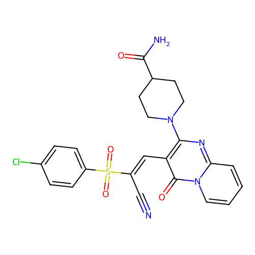 (E)-1-(3-(2-((4-chlorophenyl)sulfonyl)-2-cyanovinyl)-4-oxo-4H-pyrido[1,2-a]pyrimidin-2-yl)piperidine-4-carboxamide structure