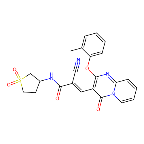(2E)-2-cyano-N-(1,1-dioxidotetrahydrothiophen-3-yl)-3-[2-(2-methylphenoxy)-4-oxo-4H-pyrido[1,2-a]pyrimidin-3-yl]prop-2-enamide structure