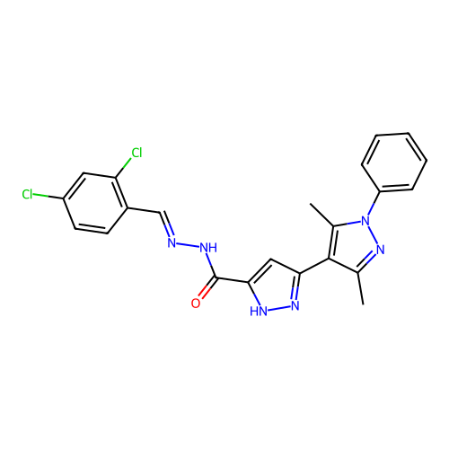 (E)-N'-(2,4-dichlorobenzylidene)-3',5'-dimethyl-1'-phenyl-1H,1'H-[3,4'-bipyrazole]-5-carbohydrazide structure