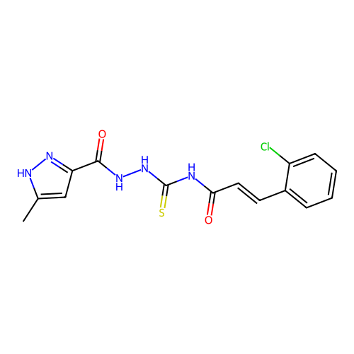 3-(2-chlorophenyl)-N-({2-[(3-methyl-1H-pyrazol-5-yl)carbonyl]hydrazino}carbonothioyl)acrylamide structure