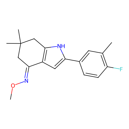 2-(4-fluoro-3-methyl-phenyl)-N-methoxy-6,6-dimethyl-5,7-dihydro-1H-indol-4-imine structure