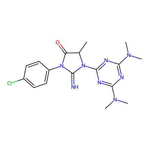 1-[4,6-bis(dimethylamino)-1,3,5-triazin-2-yl]-3-(4-chlorophenyl)-2-imino-5-methylimidazolidin-4-one structure