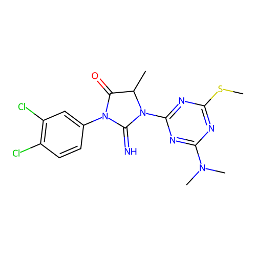 3-(3,4-dichlorophenyl)-1-(4-(dimethylamino)-6-(methylthio)-1,3,5-triazin-2-yl)-2-imino-5-methylimidazolidin-4-one structure