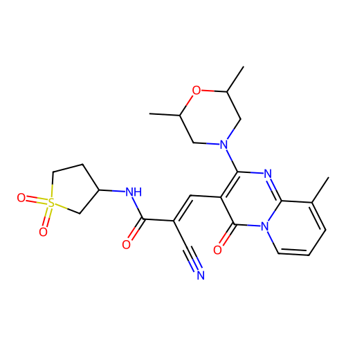 (2E)-2-cyano-3-[2-(2,6-dimethylmorpholin-4-yl)-9-methyl-4-oxo-4H-pyrido[1,2-a]pyrimidin-3-yl]-N-(1,1-dioxidotetrahydrothiophen-3-yl)prop-2-enamide structure