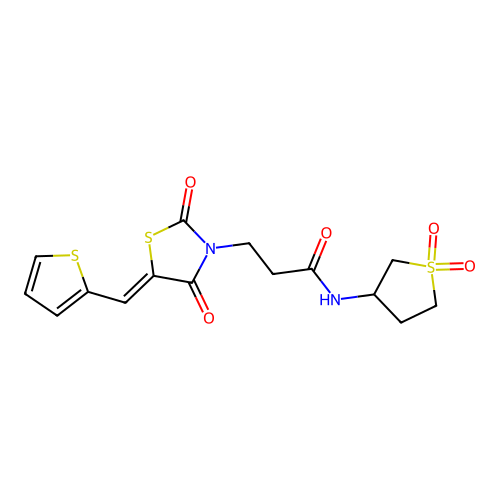 N-(1,1-dioxidotetrahydrothiophen-3-yl)-3-[(5Z)-2,4-dioxo-5-(thiophen-2-ylmethylidene)-1,3-thiazolidin-3-yl]propanamide structure
