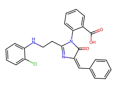 2-[4-Benzylidene-2-[2-(2-chloroanilino)ethyl]-5-oxoimidazol-1-yl]benzoic acid structure