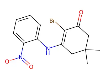 2-Bromo-5,5-dimethyl-3-((2-nitrophenyl)amino)cyclohex-2-EN-1-one structure