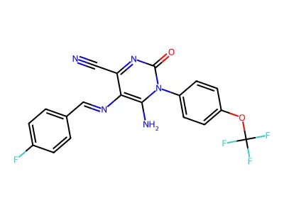5-(1-aza-2-(4-fluorophenyl)vinyl)-4-imino-2-oxo-3-(4-(trifluoromethoxy)phenyl)-1H-1,3-diazine-6-carbonitrile structure