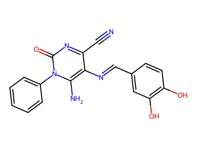 5-(1-aza-2-(3,4-dihydroxyphenyl)vinyl)-4-imino-2-oxo-3-phenyl-1H-1,3-diazine-6-carbonitrile structure