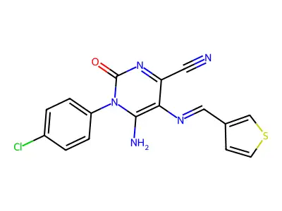 6-amino-1-(4-chlorophenyl)-2-oxo-5-(thiophen-3-ylmethylideneamino)pyrimidine-4-carbonitrile structure