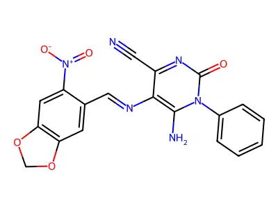 5-(1-Aza-2-(6-nitrobenzo[3,4-d]1,3-dioxolan-5-yl)vinyl)-4-imino-2-oxo-3-phenyl-1H-1,3-diazine-6-carbonitrile structure