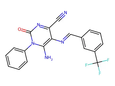 6-amino-2-oxo-1-phenyl-5-[[3-(trifluoromethyl)phenyl]methylideneamino]pyrimidine-4-carbonitrile structure
