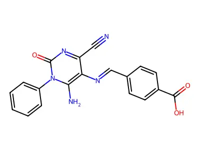 4-[(6-Amino-4-cyano-2-oxo-1-phenylpyrimidin-5-yl)iminomethyl]benzoic acid structure