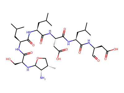 (3S)-3-[[(2S)-2-[[(2S)-2-[[(2S)-2-[[(3S,4R)-3-amino-4-methyloxolan-2-yl]amino]-3-hydroxypropanoyl]amino]-4-methylpentanoyl]amino]-4-methylpentanoyl]amino]-4-[[(2S)-1-[[(2S)-1-carboxy-3-oxopropan-2-yl]amino]-4-methyl-1-oxopentan-2-yl]amino]-4-oxobutanoic acid structure
