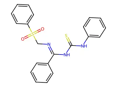 N-(phenylcarbamothioyl)-N'-((phenylsulfonyl)methyl)benzimidamide structure