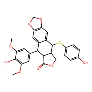 Furo(3',4':6,7)naphtho(2,3-d)-1,3-dioxol-6(5aH)-one, 5,8,8a,9-tetrahydro-5-(4-hydroxy-3,5-dimethoxyphenyl)-9-((4-hydroxyphenyl)thio)-, (5R-(5alpha,5abeta,8aalpha,9beta))- structure