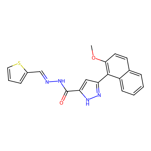 (E)-3-(2-methoxynaphthalen-1-yl)-N'-(thiophen-2-ylmethylene)-1H-pyrazole-5-carbohydrazide structure