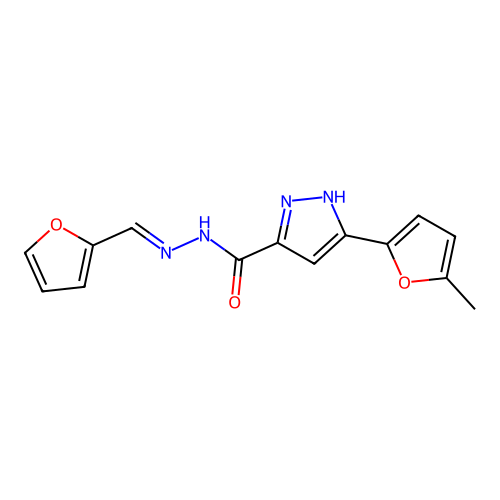 N'-[(E)-furan-2-ylmethylidene]-3-(5-methylfuran-2-yl)-1H-pyrazole-5-carbohydrazide structure