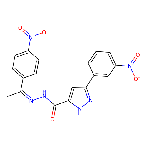 (Z)-3-(3-nitrophenyl)-N'-(1-(4-nitrophenyl)ethylidene)-1H-pyrazole-5-carbohydrazide structure