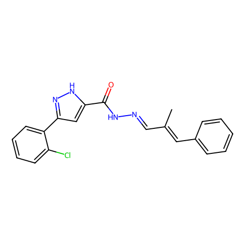 (E)-3-(2-chlorophenyl)-N'-((E)-2-methyl-3-phenylallylidene)-1H-pyrazole-5-carbohydrazide structure