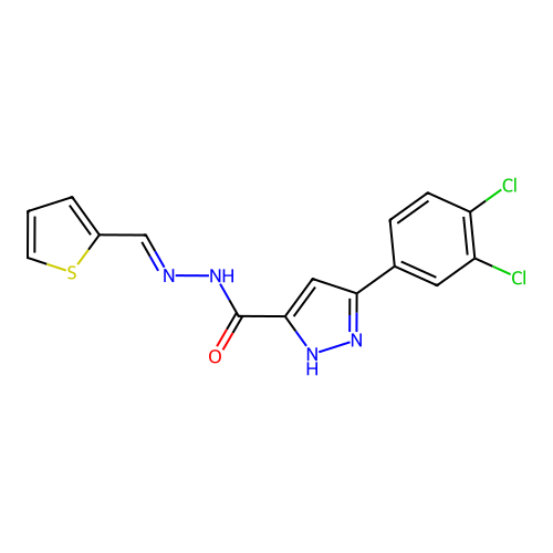 (E)-3-(3,4-dichlorophenyl)-N'-(thiophen-2-ylmethylene)-1H-pyrazole-5-carbohydrazide structure