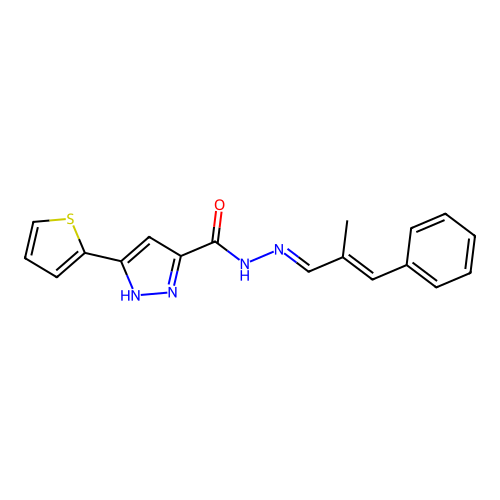 N'-[(1E,2E)-2-methyl-3-phenylprop-2-en-1-ylidene]-3-(thiophen-2-yl)-1H-pyrazole-5-carbohydrazide structure