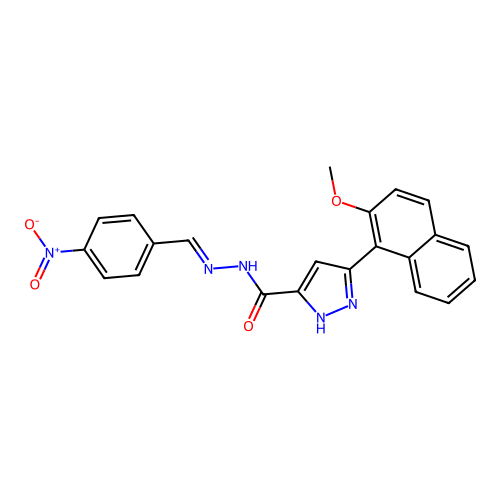 (E)-3-(2-methoxynaphthalen-1-yl)-N'-(4-nitrobenzylidene)-1H-pyrazole-5-carbohydrazide structure