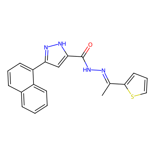 (E)-3-(naphthalen-1-yl)-N'-(1-(thiophen-2-yl)ethylidene)-1H-pyrazole-5-carbohydrazide structure