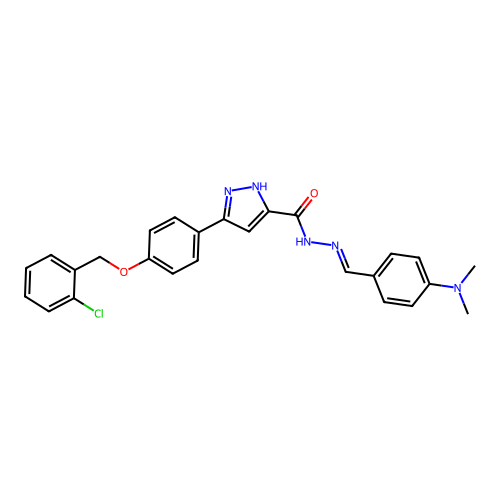 (E)-3-(4-((2-chlorobenzyl)oxy)phenyl)-N'-(4-(dimethylamino)benzylidene)-1H-pyrazole-5-carbohydrazide structure