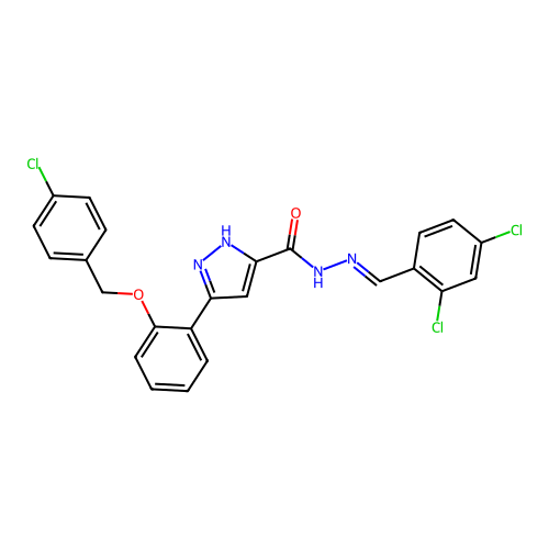 3-{2-[(4-chlorobenzyl)oxy]phenyl}-N'-[(E)-(2,4-dichlorophenyl)methylidene]-1H-pyrazole-5-carbohydrazide structure