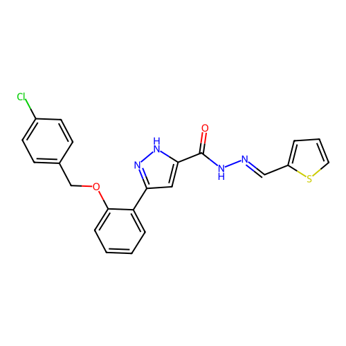 3-{2-[(4-chlorobenzyl)oxy]phenyl}-N'-[(E)-thiophen-2-ylmethylidene]-1H-pyrazole-5-carbohydrazide structure
