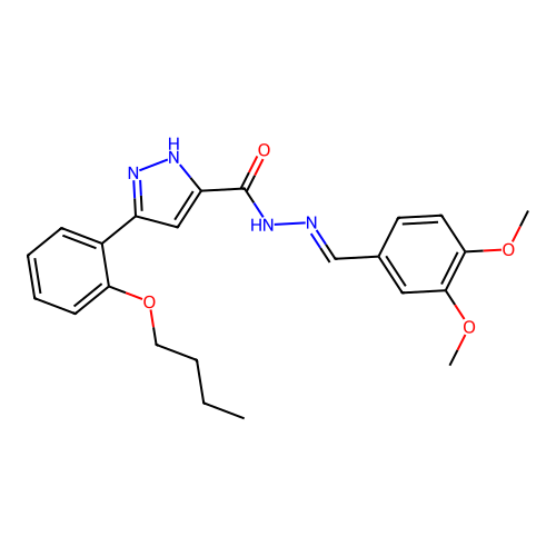 3-(2-butoxyphenyl)-N'-[(E)-(3,4-dimethoxyphenyl)methylidene]-1H-pyrazole-5-carbohydrazide structure