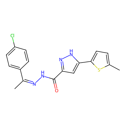 (Z)-N'-(1-(4-chlorophenyl)ethylidene)-3-(5-methylthiophen-2-yl)-1H-pyrazole-5-carbohydrazide structure