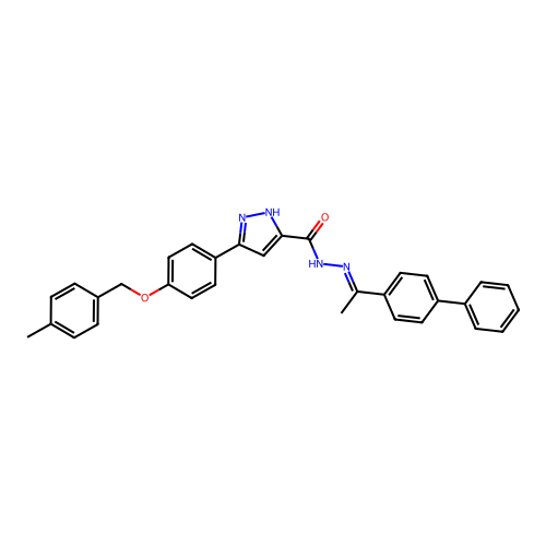 (E)-N'-(1-([1,1'-biphenyl]-4-yl)ethylidene)-3-(4-((4-methylbenzyl)oxy)phenyl)-1H-pyrazole-5-carbohydrazide structure