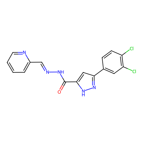 (E)-3-(3,4-dichlorophenyl)-N'-(pyridin-2-ylmethylene)-1H-pyrazole-5-carbohydrazide structure