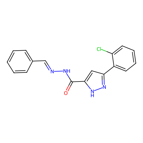 (E)-N'-benzylidene-3-(2-chlorophenyl)-1H-pyrazole-5-carbohydrazide structure