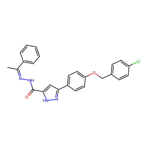 (Z)-3-(4-((4-chlorobenzyl)oxy)phenyl)-N'-(1-phenylethylidene)-1H-pyrazole-5-carbohydrazide structure