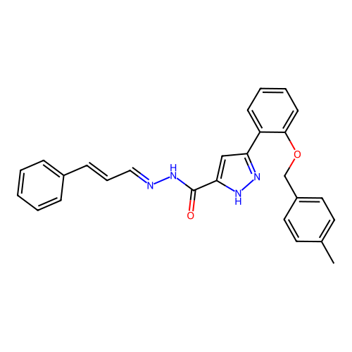 3-{2-[(4-methylbenzyl)oxy]phenyl}-N'-[(1E,2E)-3-phenylprop-2-en-1-ylidene]-1H-pyrazole-5-carbohydrazide structure
