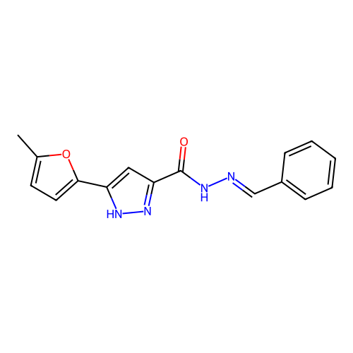 N-[(E)-benzylideneamino]-5-(5-methylfuran-2-yl)-1H-pyrazole-3-carboxamide structure