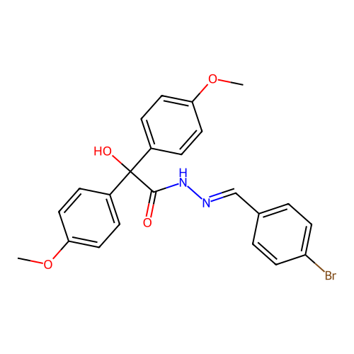 (E)-N'-(4-bromobenzylidene)-2-hydroxy-2,2-bis(4-methoxyphenyl)acetohydrazide structure