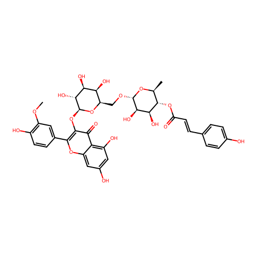 Isorhamnetin 3-O-beta-(4'''-4-coumaroyl-alpha-rhamnosyl(1-6)galactoside) structure
